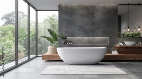 Interior of modern minimalist eco-style bathroom in luxury villa. Grey textured wall with a niche  wall-hung wooden counter with surface-mounted sink  freestanding bath  indoor plants.
