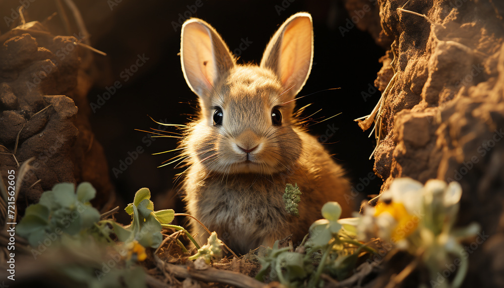 Fluffy baby rabbit sitting in green meadow, enjoying nature generated by AI Fluffy baby rabbit sitting in green meadow, enjoying nature generated by AI