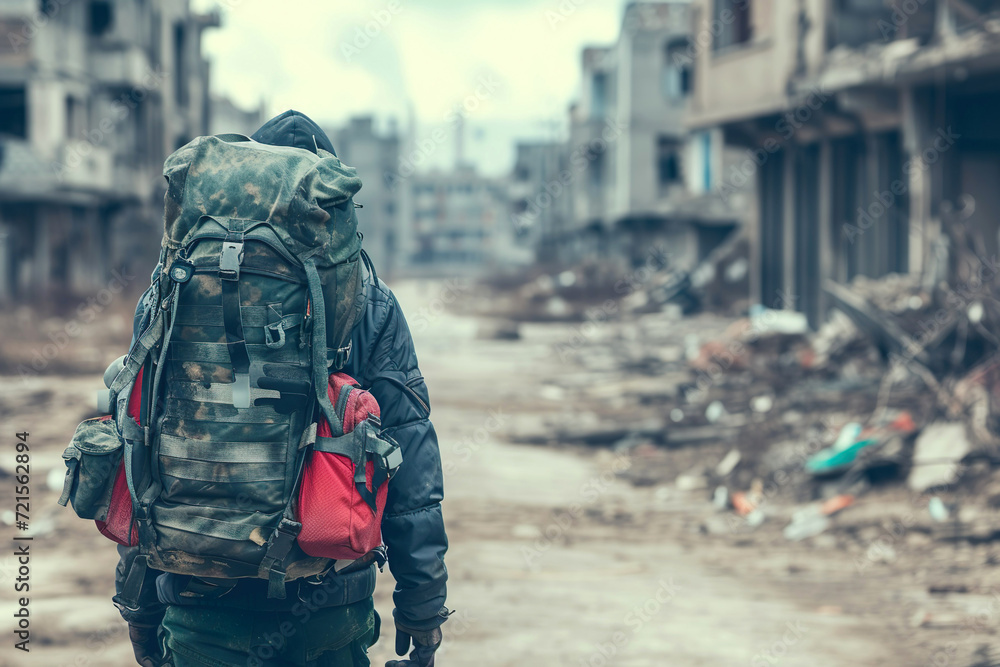 A refugee walks through the ruins Migration Day December 18