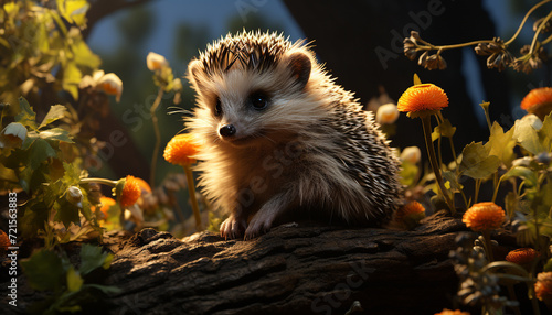 Cute hedgehog sitting on grass, alert in autumn forest generated by AI