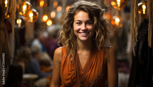 Young women enjoying nightlife, smiling and looking at camera generated by AI