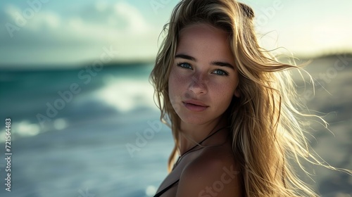 closeup portrait of a young, sensual model woman on the beach looking at camera © Christopher