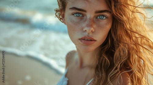 closeup portrait of a young, sensual model woman on the beach looking at camera © Christopher
