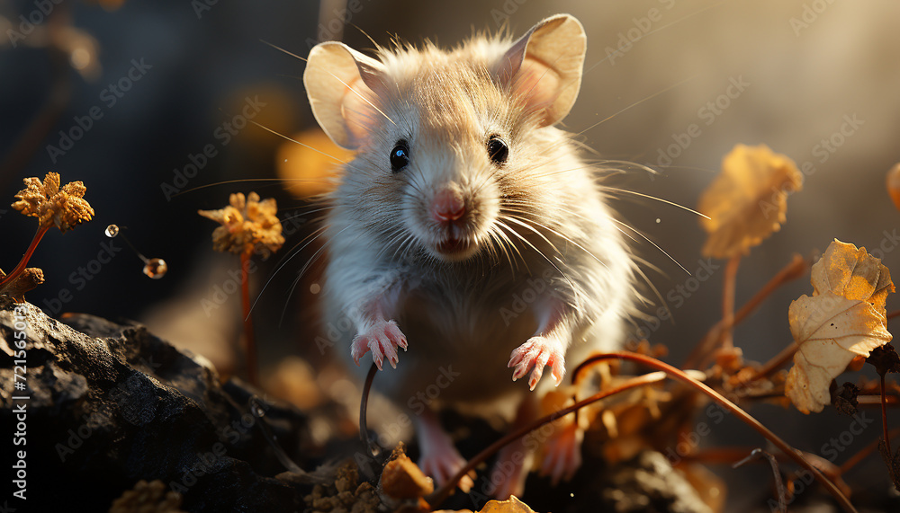 Cute small rat sitting on a branch in autumn forest generated by AI Cute small rat sitting on a branch in autumn forest generated by AI