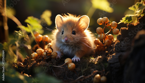 Cute small mammal sitting on grass, looking at the sun generated by AI