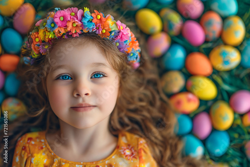 Girl with flowers in her hair lying in front of colorful eggs. A young girl adorned with flowers and wearing a party hat lies in front of a vibrant display of colorful eggs, exuding innocence and joy 