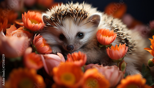 Cute small hedgehog looking at camera in nature beauty generated by AI