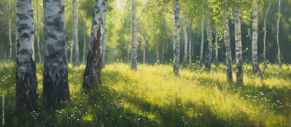Obraz premium Birch Trees Bathe in Bright Sunshine on a Late Summer Afternoon