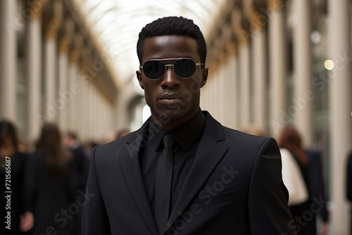 A black man in a black suit and sunglasses.