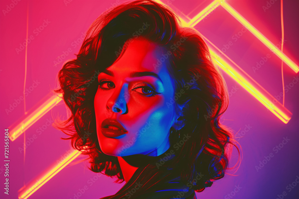 Illustration of a neon color 80s style portrait of a beautiful woman