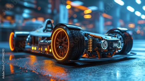 3D graphics rendering showing a prototype of an electric sport vehicle, allowing to see the layout of components and assemblies. Blurred background of a car factory interior with blue neon lighting.