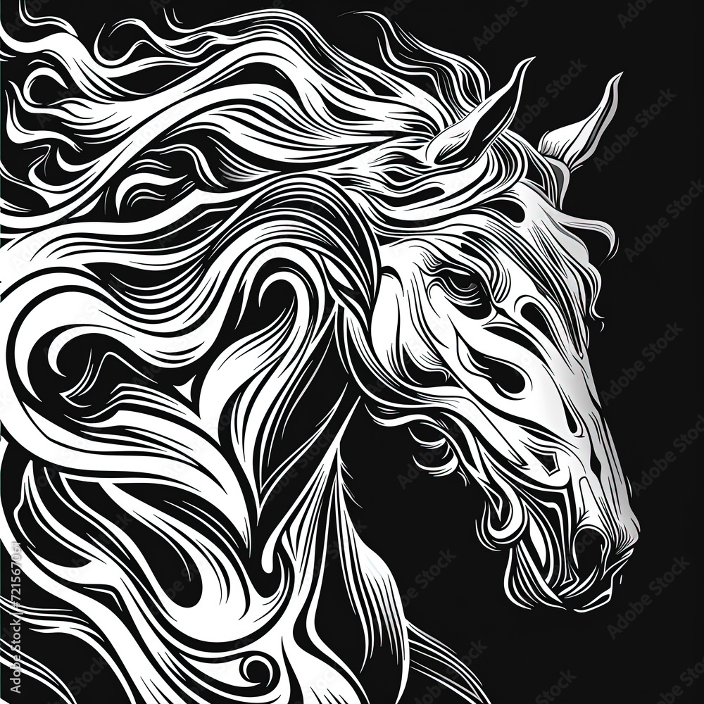 Abstract black and white illustration of a Horse. Design illustration, Tattoo, Banner. Abstract black and white illustration of a Horse. Design illustration, Tattoo, Banner.