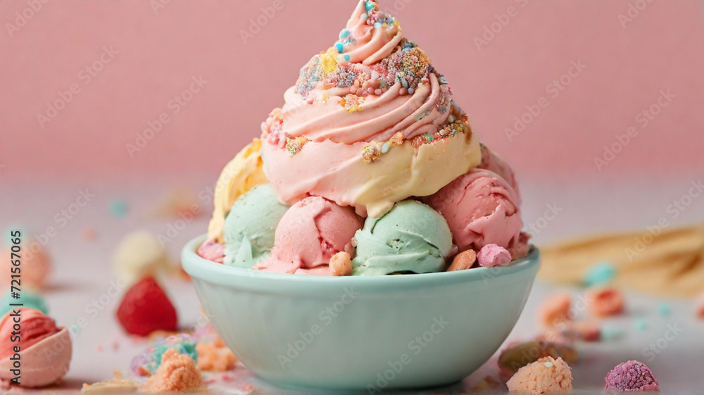 Delicious ice cream in bowl with sprinkles and toppings in pastel colors Delicious ice cream in bowl with sprinkles and toppings in pastel colors