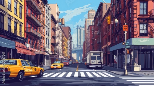 2D vector illustration of new york streets with a retro style