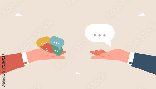 Communication skills and business communication to achieve results, communication or discussion concept, work correspondence, public relations, information transfer, two hands holding speech bubbles.