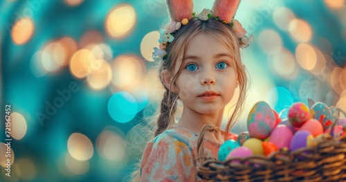 Cute little child girl wearing bunny ears on Easter day. Girl has basket with painted eggs. Place for text. Happy Easter.