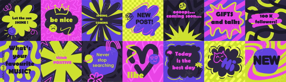 Colorful abstract backgrounds with retro shapes. Groovy  design in trendy  90s cartoon style. Psychedelic, acid clors, design elements, stickers. Speech bubbles. Place for text, quote.