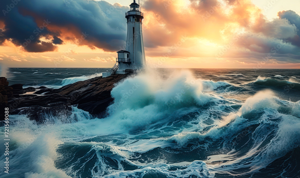 Dramatic scene of a lighthouse standing resilient against tumultuous sea waves under a stormy sky at sunset, symbolizing guidance and safety