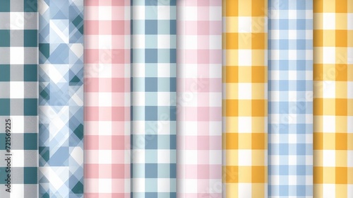  Gingham pattern set. Tartan checked plaids in blue, pink, yellow, white. Seamless pastel vichy backgrounds for tablecloth, dress, skirt, napkin, or other Easter holiday textile design