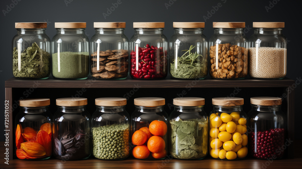 Set of glass jars with different spices. Healthy balanced food ingredients, sustainable lifestyle, zero waste storage idea, eco friendly concept.