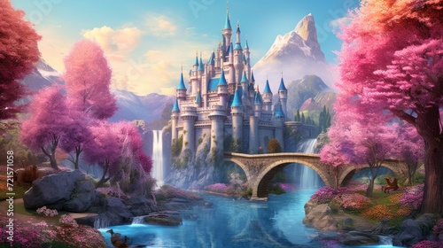 Fairytale landscape with pink cherry blossoms and majestic castle. Fantasy and imagination.