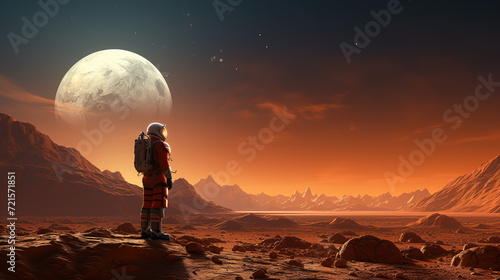 One astronaut spaceman planet Mars surface colony. Desktop banner, Video games photo