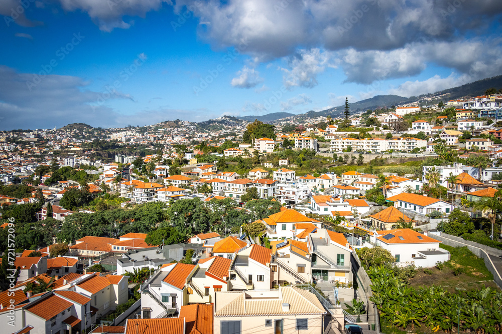 Obraz premium panoramic view over funchal and monte from cable car, aerial view, madeira, portugal, sea, mountains
