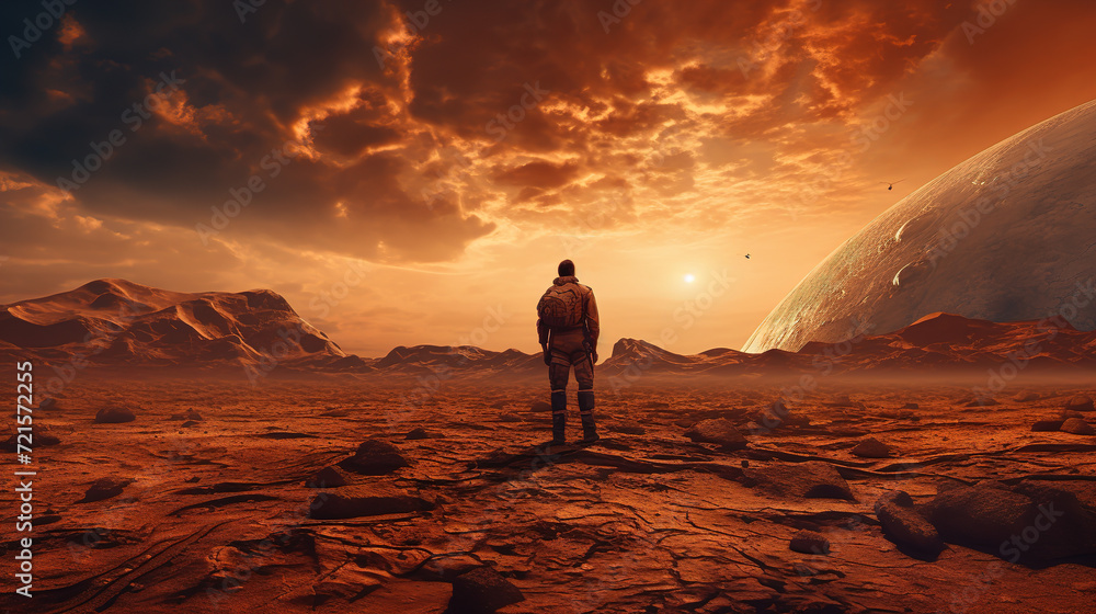 One astronaut spaceman planet Mars surface colony. Desktop banner, Video games