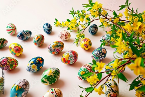 Hand-painted Easter eggs lying on a white tabletop.