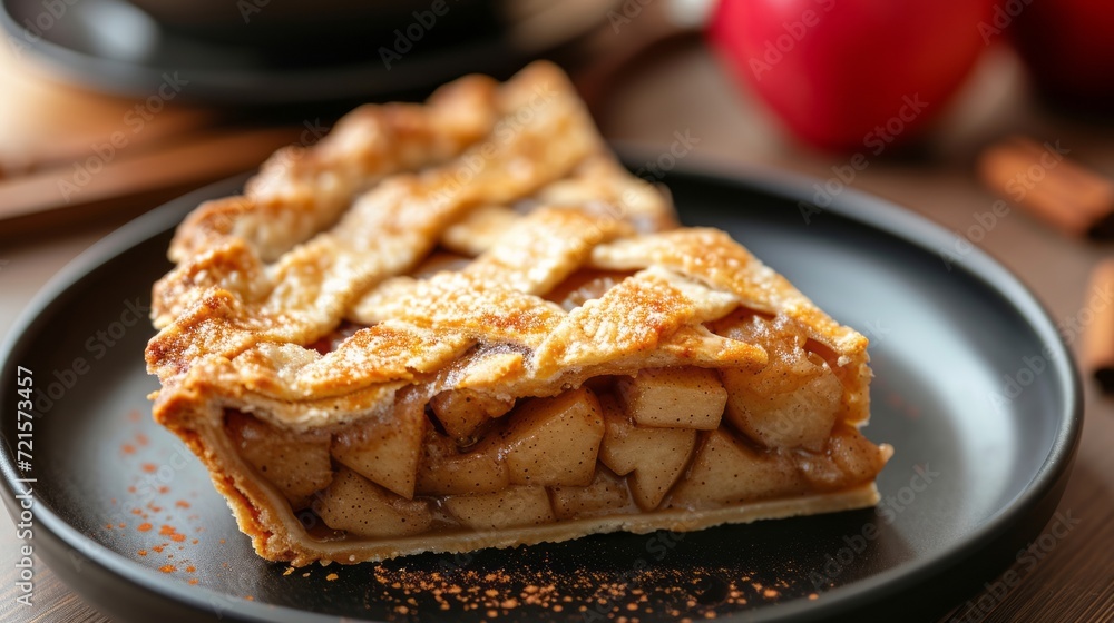 Close-up of an apple pie slice on a ceramic plate. Sweet pastry topped with powdered sugar and cinnamon. Red apples in the background. Close-up of an apple pie slice on a ceramic plate. Sweet pastry topped with powdered sugar and cinnamon. Red apples in the background.