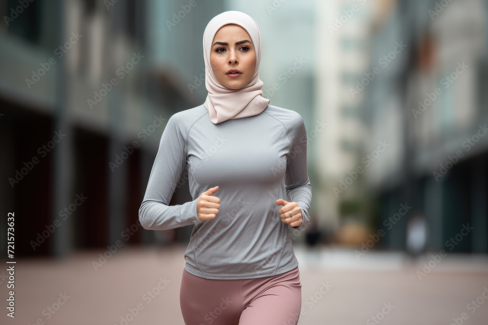 Middle Eastern Arabic woman hijab jogging over blurred city urban background, daily routine for Muslim female, healthy habit for adult, running workout in morning, wear sportswear for sportsman.