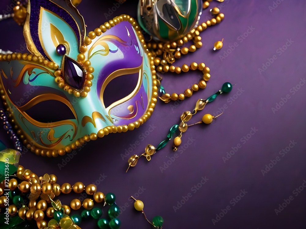 The carnival backdrop is adorned with Venetian masks and decorative beads. Generative AI