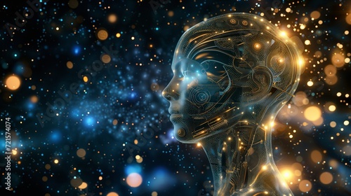Digital artwork of a robot head in profile, against a glittering cosmic backdrop