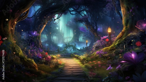 Enchanted forest pathway with vibrant flowers and mystical lighting. Fantasy world.