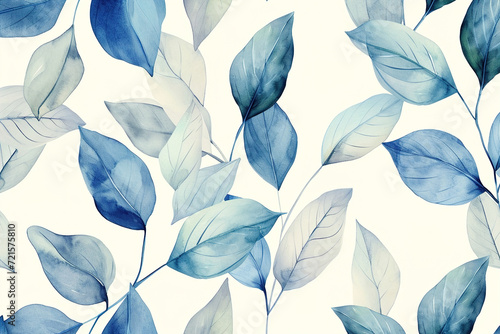 Watercolor seamless pattern, Elegant blue vintage leaves background.