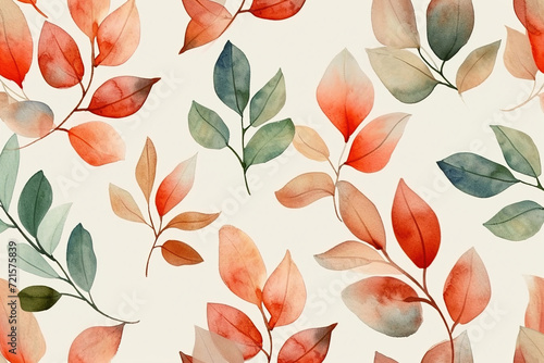Watercolor seamless pattern, Elegant orange tines vintage leaves background. photo