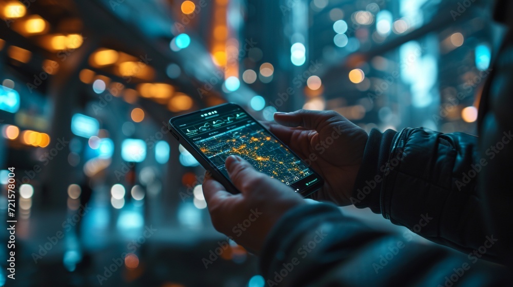 A hand holding a mobile device displaying a location-based authentication code, unlocking digital doors only when the user is in a specified geographic area. - obrazy, fototapety, plakaty 