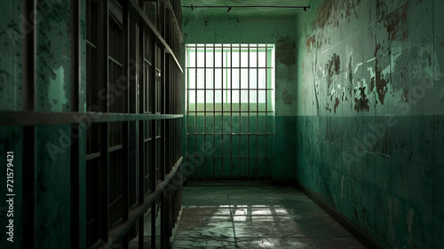 an empty prison corridor with windows and bars. Generative AI © Yuriy Maslov