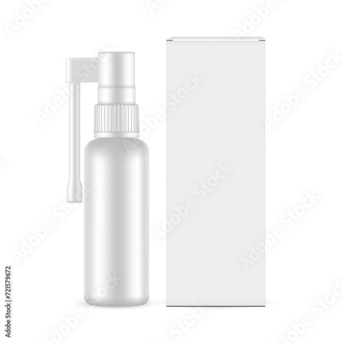 Throat Spray Plastic Bottle With Packaging Box, Front View, Isolated On White Background. Vector Illustration