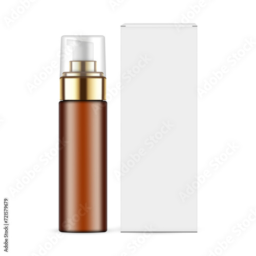 Amber Airless Pump Bottle With Golden Cover And Transparent Cap, Packaging Box. Vector Illustration