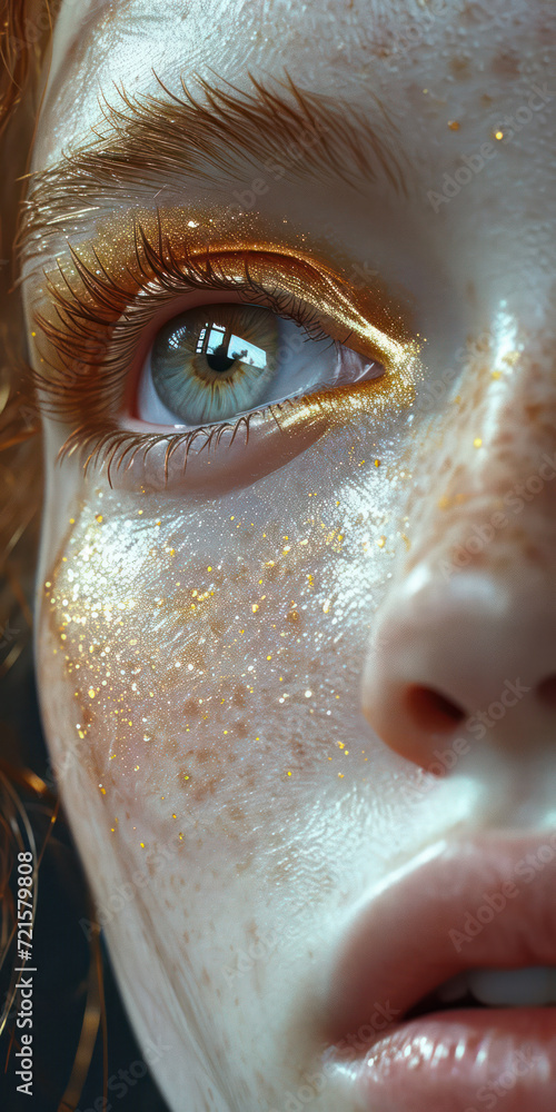 Fototapeta premium Close-up portrait of a person with glitter makeup, highlighting eye, golden hues, and detailed skin texture, conveying a vivid and artistic expression.