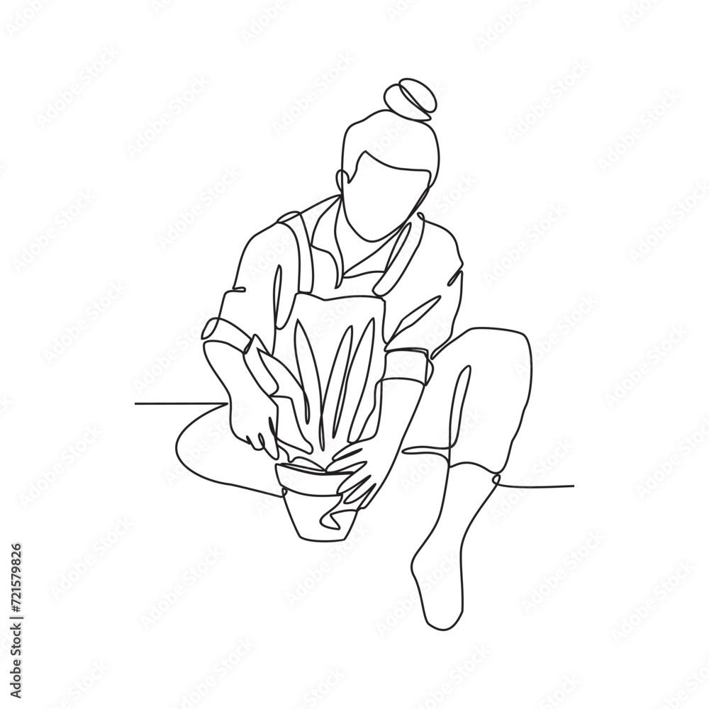 One continuous line drawing of someone who is gardening in his field by harvesting fruit, cleaning weeds and watering the plants vector illustration. Gardening activity illustration in simple linear.