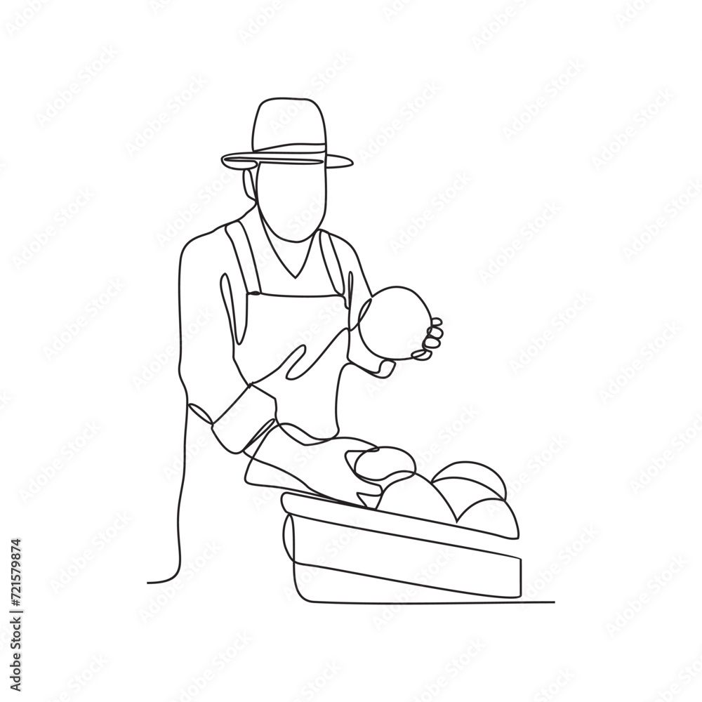 One continuous line drawing of someone who is gardening in his field by harvesting fruit, cleaning weeds and watering the plants vector illustration. Gardening activity illustration in simple linear.