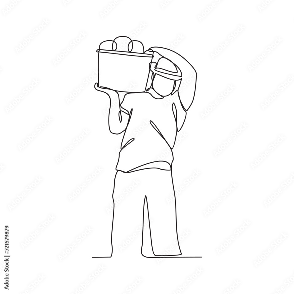 Obraz premium One continuous line drawing of someone who is gardening in his field by harvesting fruit, cleaning weeds and watering the plants vector illustration. Gardening activity illustration in simple linear.