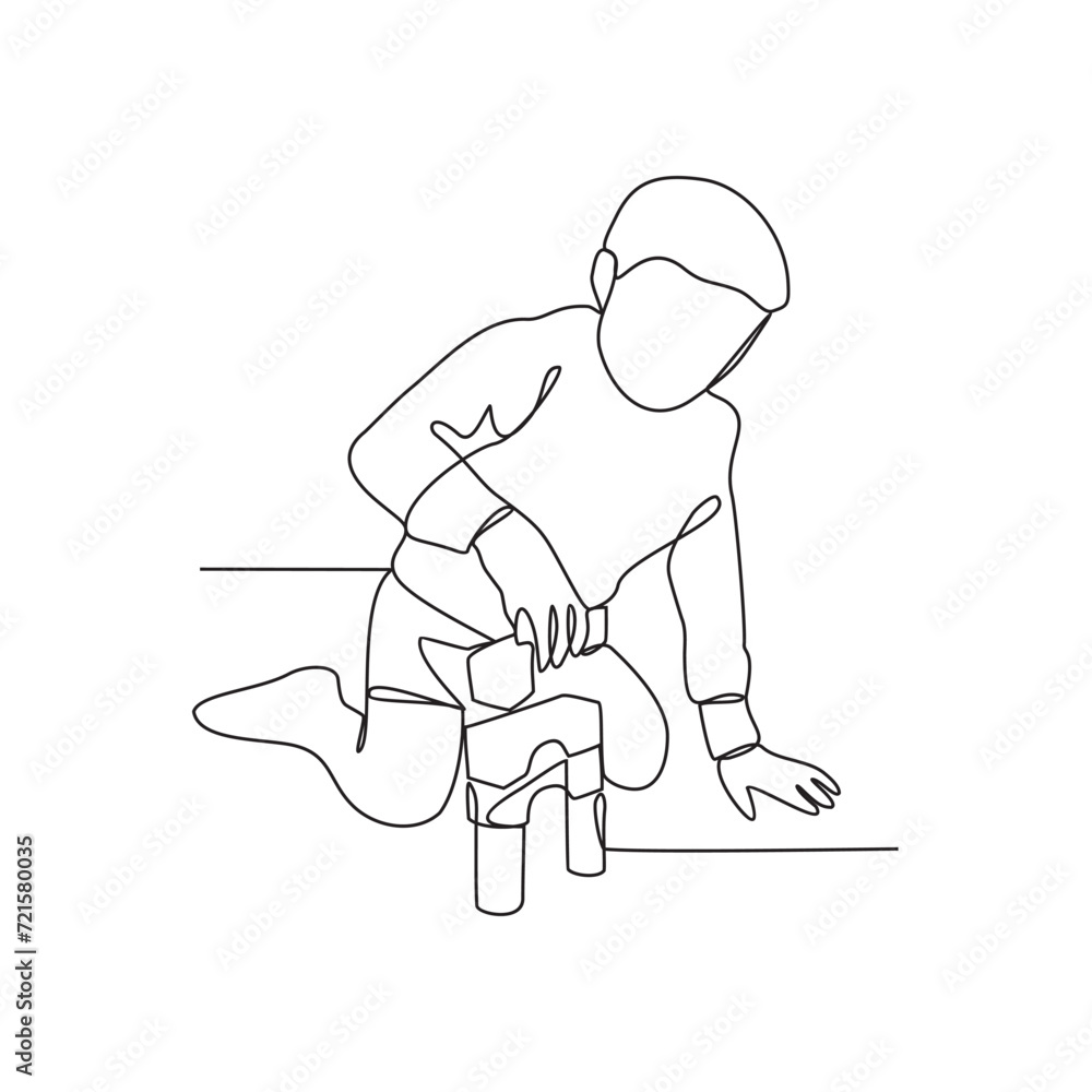 One continuous line drawing of a child is playing with his toys in the house vector illustration. child playing toy activity illustration in simple linear style vector concept. suitable for your asset