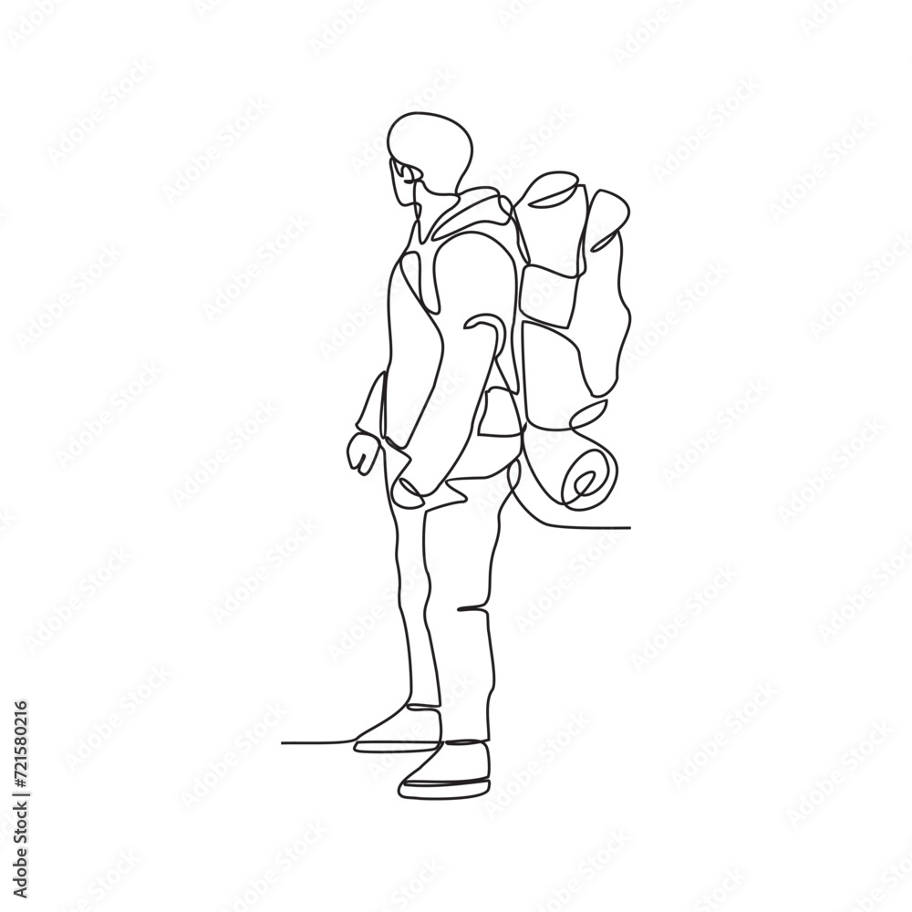 One continuous line drawing of a man is climbing a mountain carrying a carrier bag on his back vector illustration. Hiking and climbing activity illustration in simple linear style vector concept. One continuous line drawing of a man is climbing a mountain carrying a carrier bag on his back vector illustration. Hiking and climbing activity illustration in simple linear style vector concept.