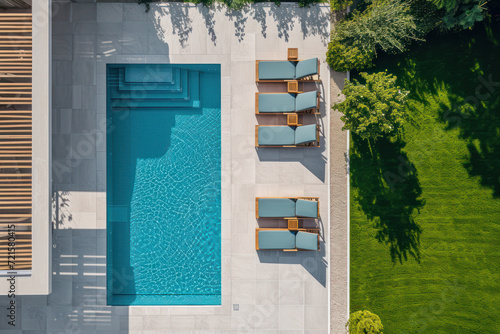 Aerial view of a luxurious backyard with a pristine swimming pool, neatly arranged sun loungers, manicured lawn, and modern architecture during a sunny day. photo