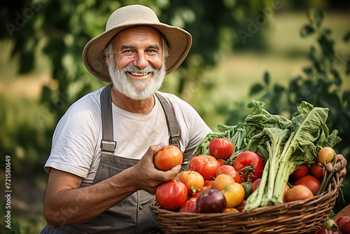 A male Farmer is holding a large basket full of fresh raw Vegetables. A basket of vegetables in his hands.