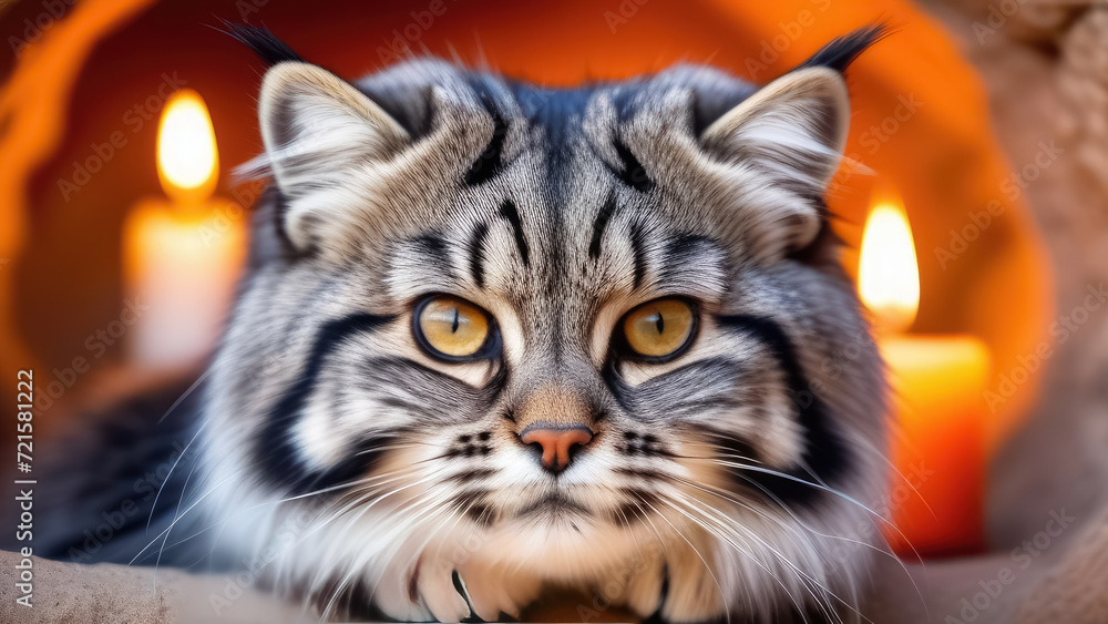 Close-up portrait of a Pallas's cat with orange eyes in its hole. Cat family. Generative AI
