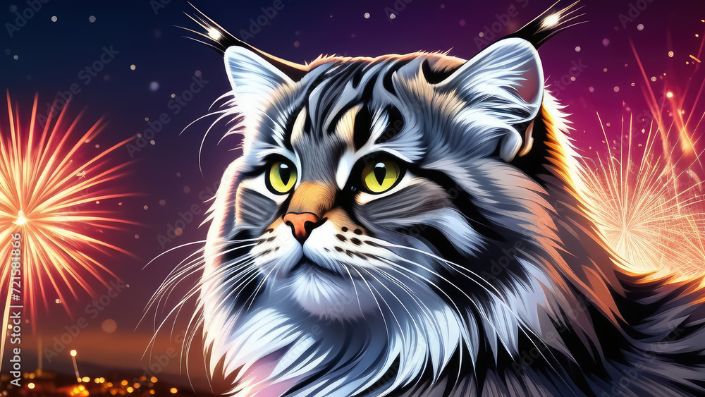 Manul on the background of a beautiful night sky with fireworks. Cat family. Generative AI